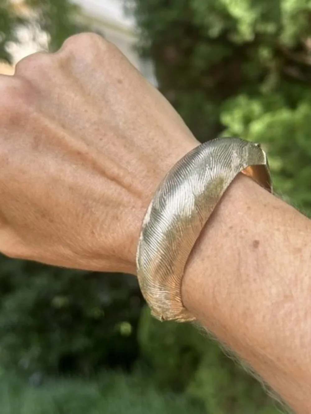 CORO PEGASUS Textured Domed Gold Tone Hinged Clamper BRACELET